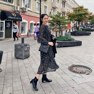 Gather-waist Floral Chiffon Long Dress