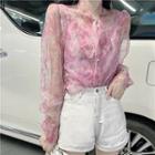 Long-sleeve Tie-neck Floral Printed Blouse Pink - One Size