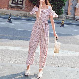 Check Cold Shoulder Jumpsuit
