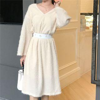 Long-sleeve V-neck Furry Dress