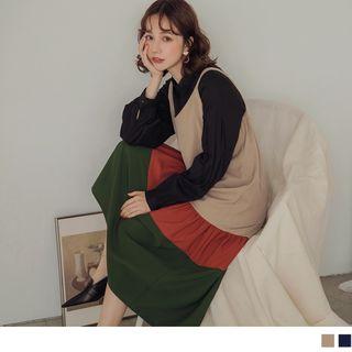 V-neck Color Block Maxi Pinafore Dress