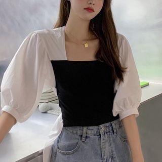 Balloon-sleeve Paneled Blouse Black - One Size