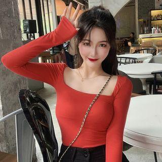 Long-sleeve Plain Top Red - One Size