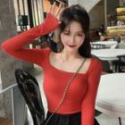 Long-sleeve Plain Top Red - One Size