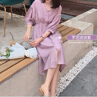Elbow-sleeve V-neck Button Midi A-line Dress