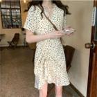 Dotted Drawstring Short-sleeve Shift Dress As Shown In Figure - One Size