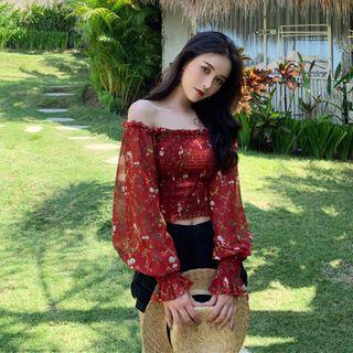 Floral Puff-sleeve Chiffon Blouse Red - One Size
