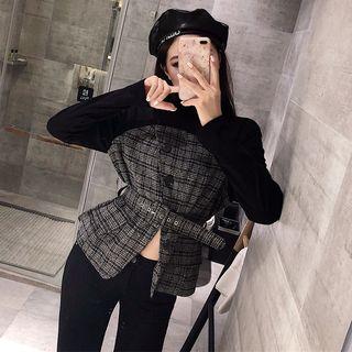 Mock-two Piece Plaid Long-sleeve Top