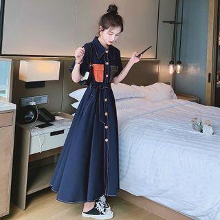 Short-sleeve Color Block Midi Shirt Dress