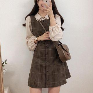 Long-sleeve Blouse / Plaid Mini A-line Overall Dress