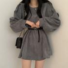 Set: Puff-sleeve Corduroy Mini Dress + Belt