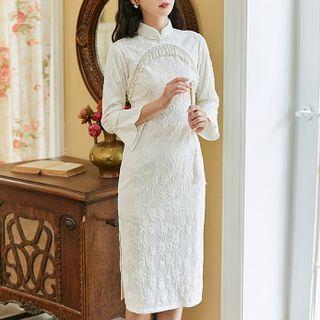 3/4-sleeve Faux Pearl Fringed Lace Midi Qipao Dress
