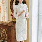 3/4-sleeve Faux Pearl Fringed Lace Midi Qipao Dress