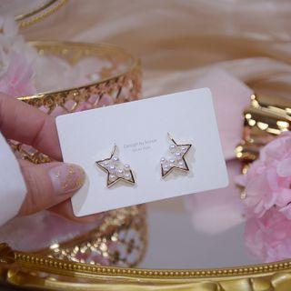 Star Faux Pearl Earring 1 Pair - Gold & White - One Size