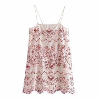 Spaghetti-strap Floral Embroidered Mini Dress