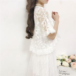 Set: Elbow-sleeve Lace Top + Spaghetti Strap Midi Lace Dress