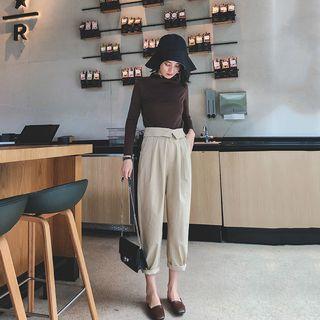 Long-sleeve Plain Mock Neck T-shirt