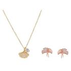 Set: Rhinestone Gingko Leaf Pendant Necklace + Ear Stud Set - Gold - One Size