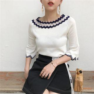 Color-block Slim-fit Mesh 3/4-sleeve Knit Top