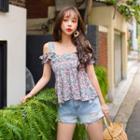 Cold-shoulder Frill-trim Floral Blouse