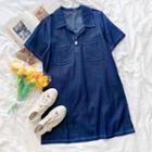 Short-sleeve Denim Mini Dress Blue - One Size