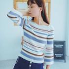 Striped 3/4 Sleeve Knit Top Pink - One Size