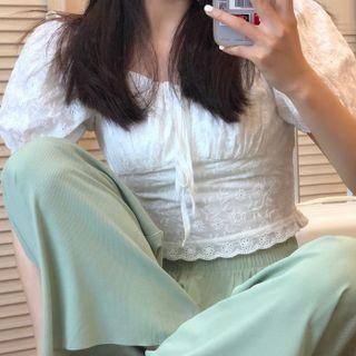 Puff-sleeve Lace Cutout Drawstring Shirt / Wide-leg Pants