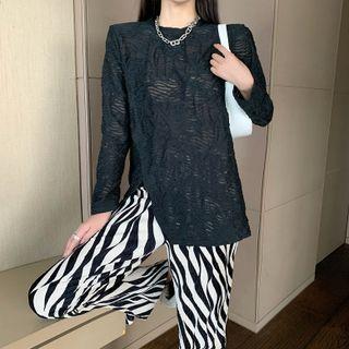 Long-sleeve Slit T-shirt / Zebra Print Wide Leg Pants