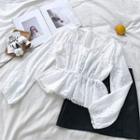Plain Lace Ruffled-trim Puff-sleeve Top White - One Size