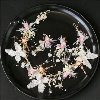 Wedding Set: Rhinestone Branches Headpiece + Earring 1 Pc - Headpiece / 1 Pair - Earrings - White & Pink - One Size