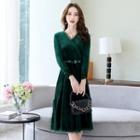 Long-sleeve Lace Trim Wrap A-line Dress