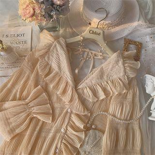 Ruffle Trim Tie-back Long-sleeve Blouse