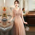 Puff-sleeve A-line Lace Evening Gown