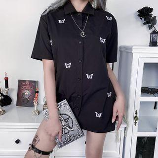 Butterfly Embroidered Short-sleeve Shirt