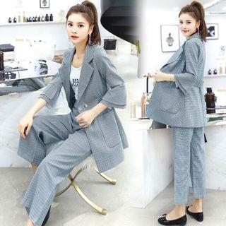 Set: Plaid Buttoned Blazer + Wide-leg Dress Pants