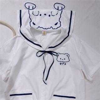 Short-sleeve Dog Embroidered Shirt White - One Size