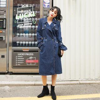 Notch-lapel Drawstring-waist Denim Coat Dark Blue - One Size