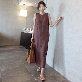 Plain Sleeveless Midi A-line Dress Dark Brown - One Size