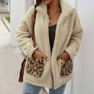 Leopard Print Pocket Fleece Zip-up Jacket