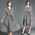 Houndstooth Tie Waist Long-sleeve A-line Dress
