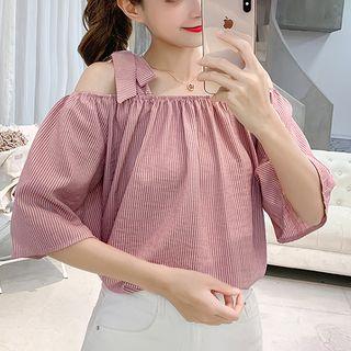 Elbow-sleeve Cold Shoulder Ribbon Top