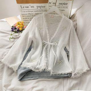 Pearl-ribbon Open-front Chiffon Cardigan