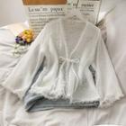 Pearl-ribbon Open-front Chiffon Cardigan