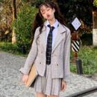 Long-sleeve Tie-neck Shirt / Plaid Blazer / Mini A-line Pleated Skirt