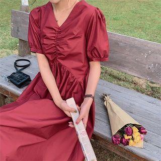 Plain V-neck Puff-sleeve Dress Wine Red - One Size