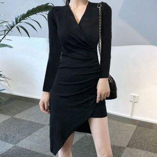 Long-sleeve V Neck Plain Asymmetric Dress