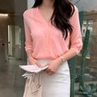 V-neck Elbow-sleeve Cardigan Coral - One Size