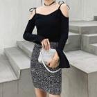 Set: Cold Shoulder Long-sleeve Knit Top + Mini Sequined A-line Skirt