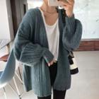 Puff-sleeve Open Front Cardigan Bluish Green - One Size