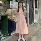 Short-sleeve Collar Striped Midi A-line Dress Pink - One Size